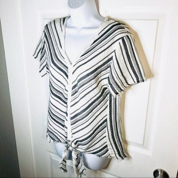 STARKx Short Sleeve Cotton Tie Knot Gauze Top V-Neck Stripe White Grey S - Picture 4 of 10